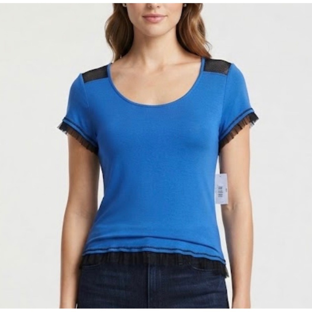 Kenzie Women Royal Blue Mesh Tulle Trim Short Sleeve Top R2416249 Size S NEW